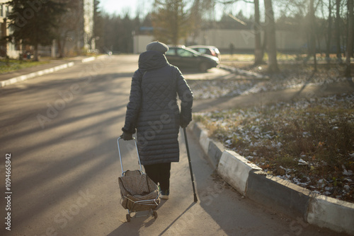 Pensioner with walking stick. Woman walks on road. Shooting from back.