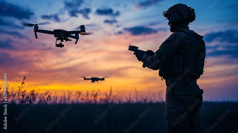 Soldier operating surveillance drones at sunset during a mission with dramatic sky backdrop. Soldier operating surveillance drones at sunset during a mission with dramatic sky backdrop.