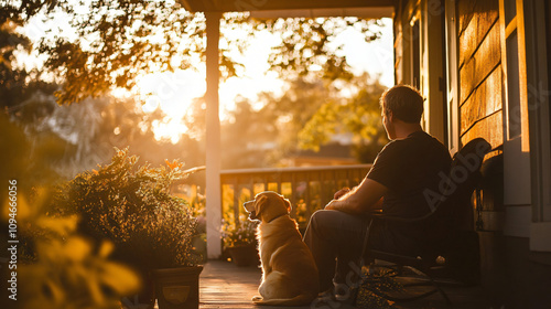 A man and his dog sitting on the porch in the morning sunlight, both enjoying the peaceful start to the day together.