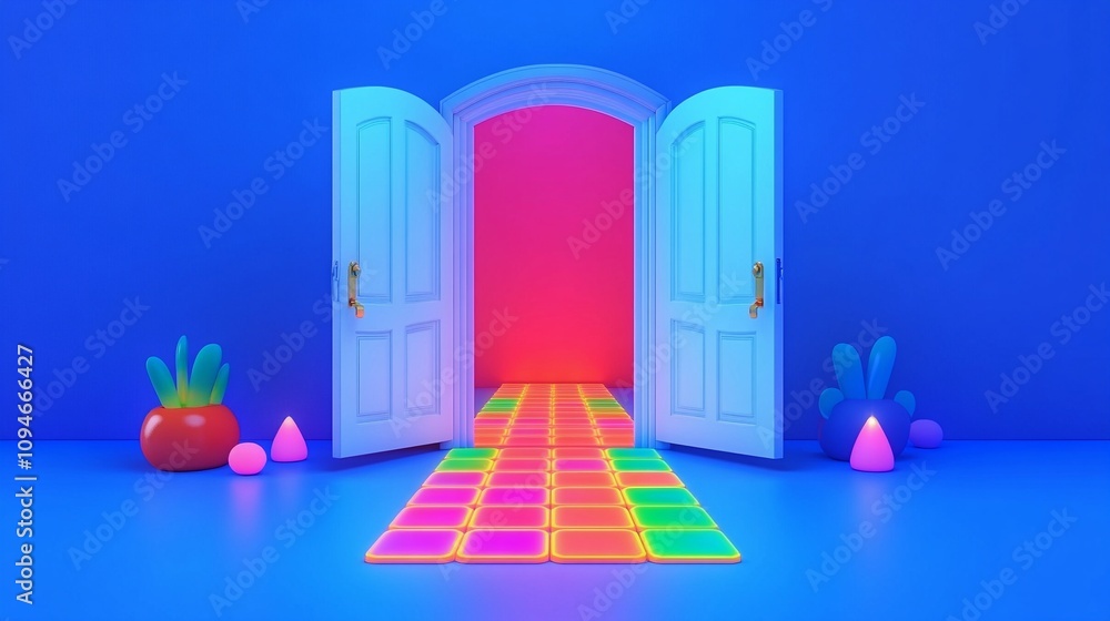 Open Door to Glowing Tile Pathway in 3D Render Open Door to Glowing Tile Pathway in 3D Render