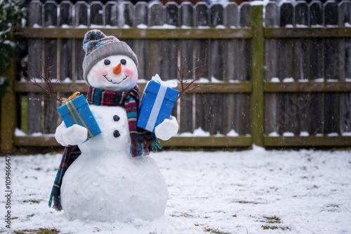 Snowman holding christmas gifts while snowing in a garden photo