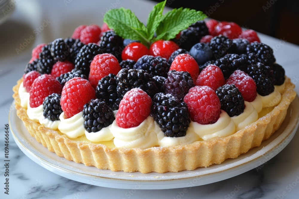 Delicious mixed berry tart with cream and icing sugar on marble Delicious mixed berry tart with cream and icing sugar on marble