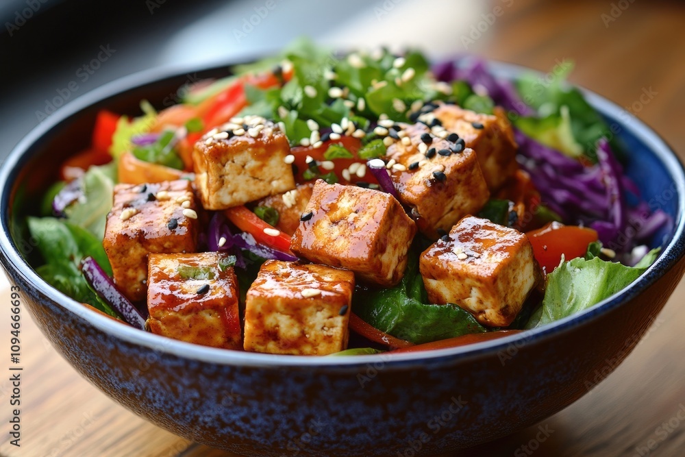 Delicious healthy tofu salad with vegetables and sesame seeds in a bowl Delicious healthy tofu salad with vegetables and sesame seeds in a bowl