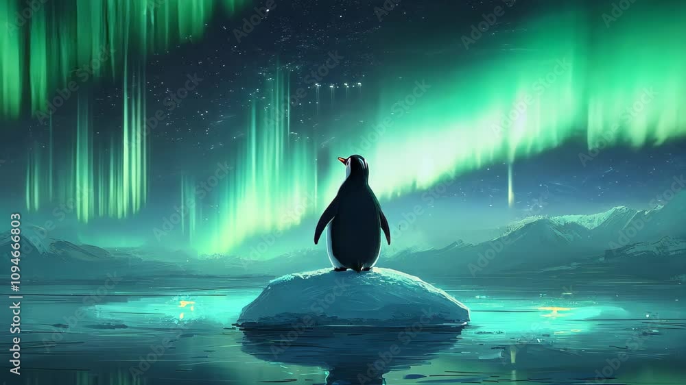 llustration lullaby story concept, Penguin on Ice Floe Under Northern Lights Serene Aurora Water Scene llustration lullaby story concept, Penguin on Ice Floe Under Northern Lights Serene Aurora Water Scene