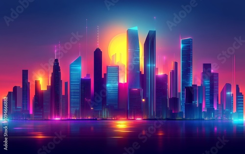 Vibrant neon cityscape skyline at sunset reflecting on calm water.