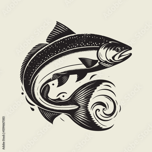 A fish head and a fish in the middle of a forest. A poster that says fish set on it.