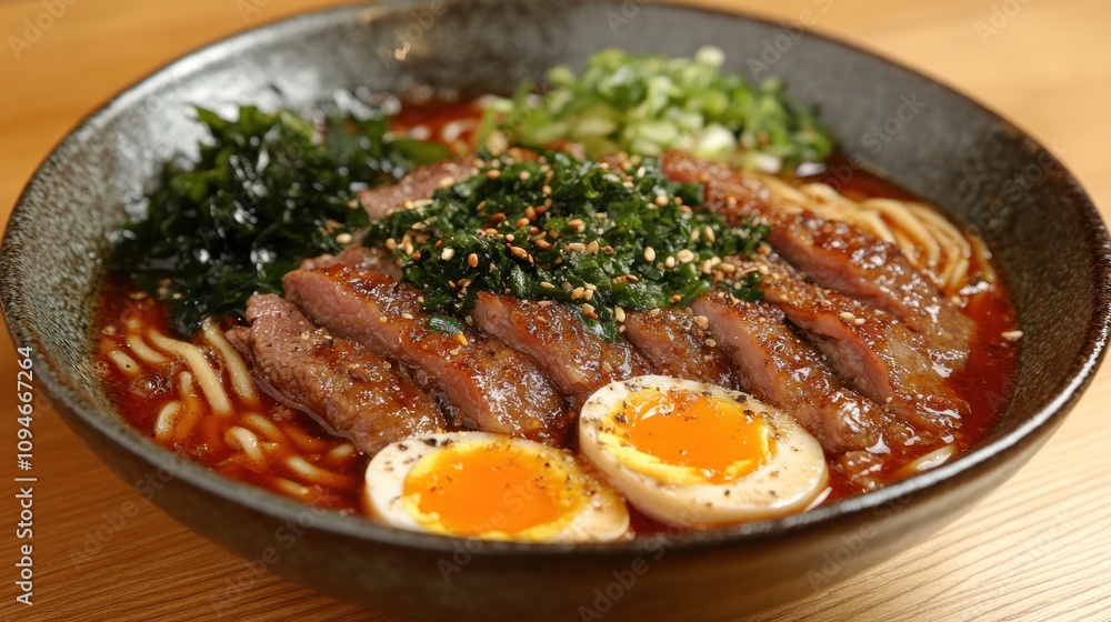 Delicious ramen bowl with sliced meat, soft boiled eggs, seaweed, and green onions. Delicious ramen bowl with sliced meat, soft boiled eggs, seaweed, and green onions.
