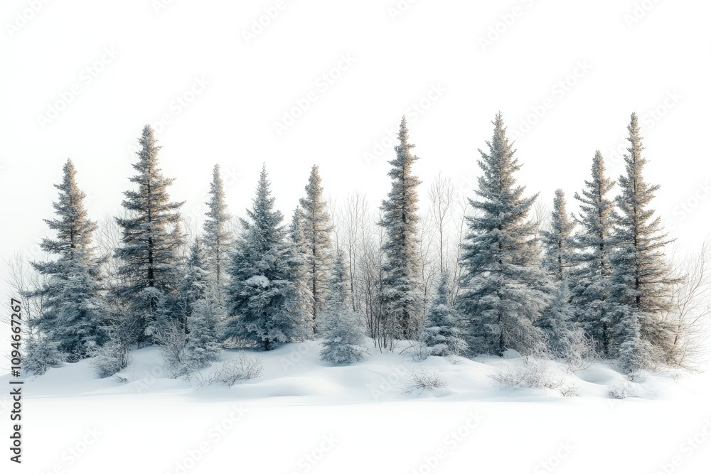 Obraz premium Snow covered pine trees growing on snowy hillside against white background