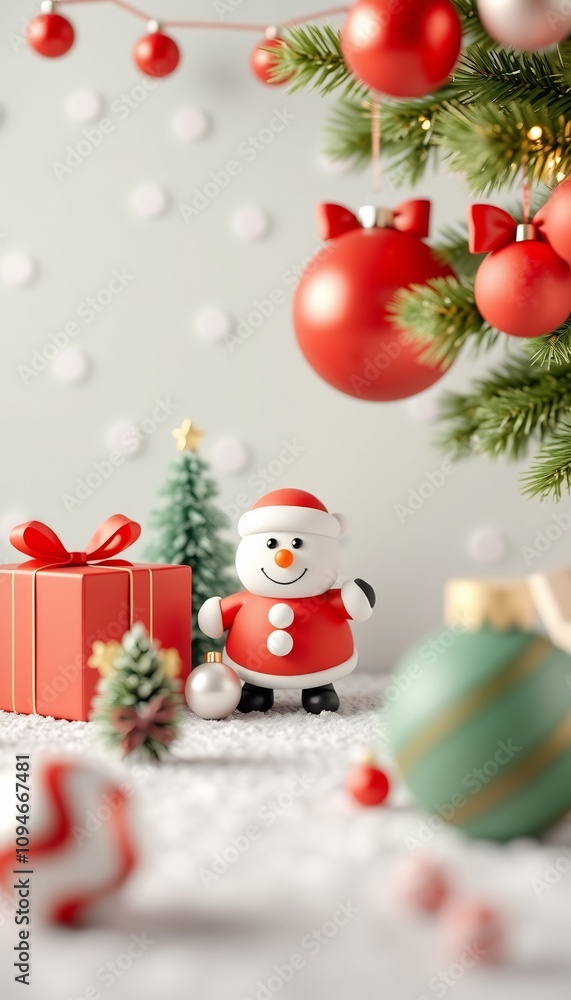 A snowman stands on a snowy surface with Christmas ornaments and gifts, and a decorated fir tree hangs overhead. A snowman stands on a snowy surface with Christmas ornaments and gifts, and a decorated fir tree hangs overhead.