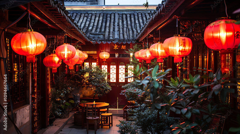 A Traditional Chinese Village Decorated with Red Lanterns, Featuring Classic Architecture, Peaceful Streets, and Cultural Charm During a Festive Celebration in Rural China A Traditional Chinese Village Decorated with Red Lanterns, Featuring Classic Architecture, Peaceful Streets, and Cultural Charm During a Festive Celebration in Rural China