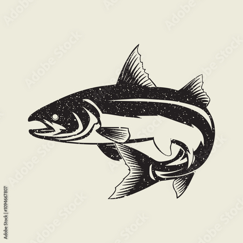A fish head and a fish in the middle of a forest. A poster that says fish set on it.