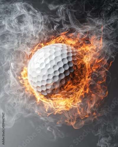 A golf ball surrounded by flames and smoke, creating a dramatic and intense visual effect.