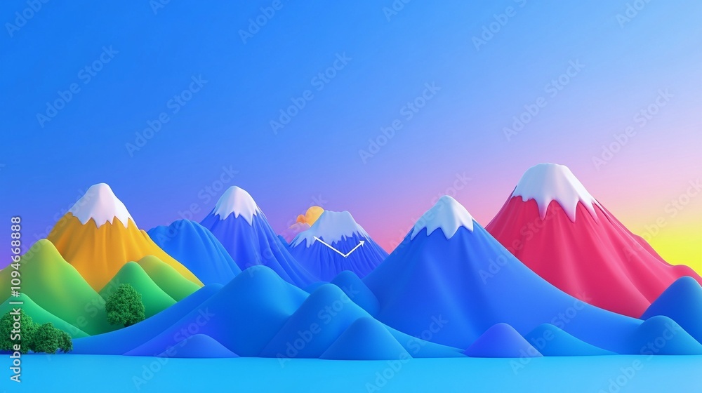 3D Render of Mountain Range Peaks with Arrows Under Dawn Sky