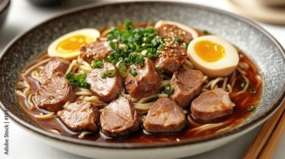 Delicious ramen noodles with pork and soft boiled eggs. Delicious ramen noodles with pork and soft boiled eggs.