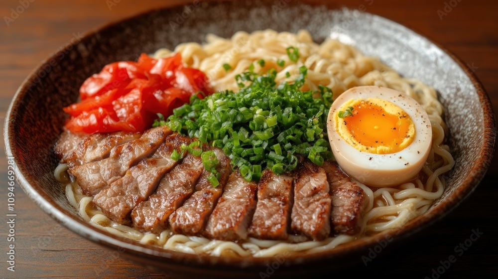 Delicious ramen noodles with pork, soft boiled egg, and pickled tomatoes. Delicious ramen noodles with pork, soft boiled egg, and pickled tomatoes.