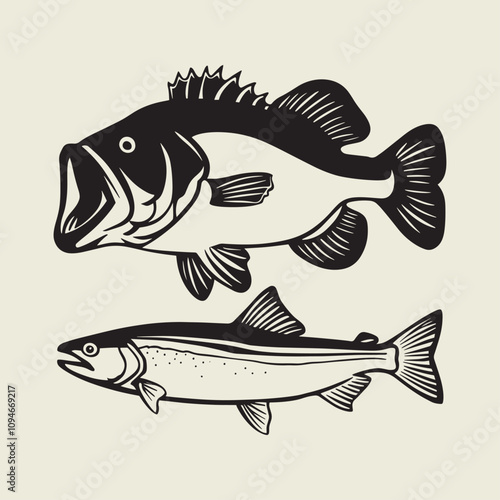 A fish head and a fish in the middle of a forest. A poster that says fish set on it.