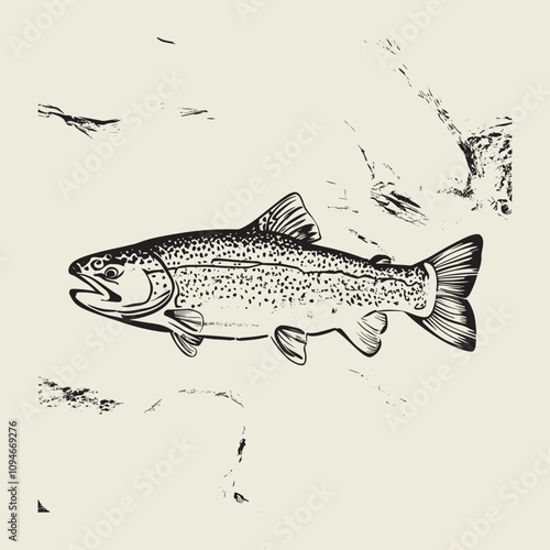 A fish head and a fish in the middle of a forest. A poster that says fish set on it.