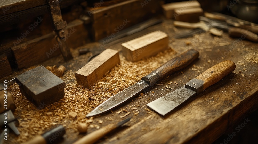 Woodworking Tools and Sawdust on a Wooden Workbench Woodworking Tools and Sawdust on a Wooden Workbench