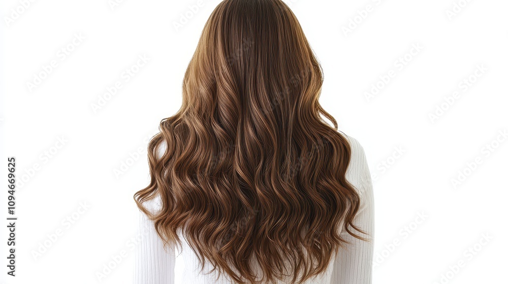 Fototapeta premium Beautiful model girl with Brown hair strand,silky healthy chestnut wavy hair strand isolated on white background,hair wavy ribbon, with smooth texture,vibrant shine,brunette hairpiece, hairy ribbon.