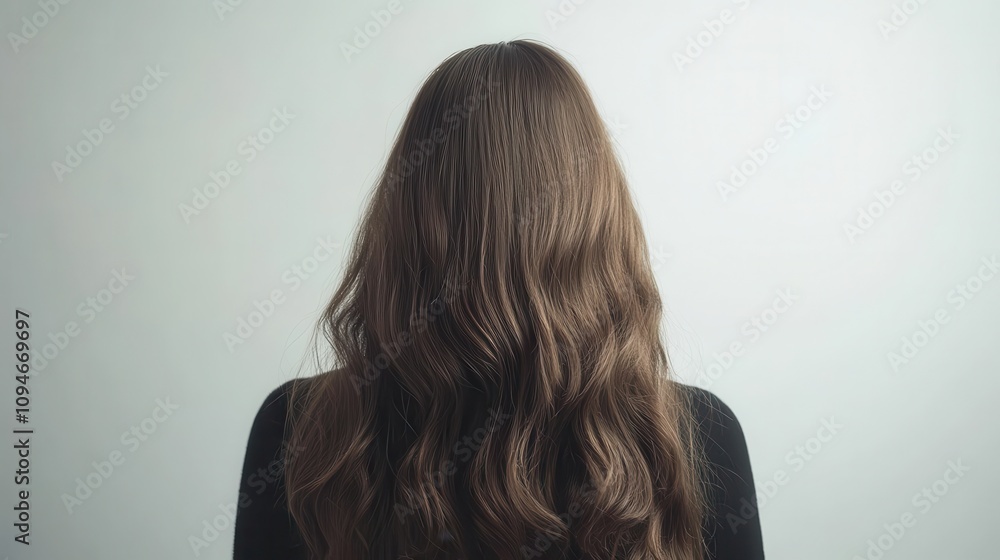 Naklejka premium Beautiful model girl with Brown hair strand,silky healthy chestnut wavy hair strand isolated on white background,hair wavy ribbon, with smooth texture,vibrant shine,brunette hairpiece, hairy ribbon.