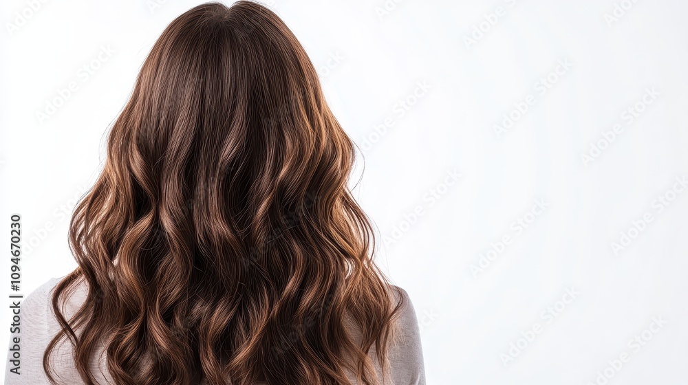 Naklejka premium Beautiful model girl with Brown hair strand,silky healthy chestnut wavy hair strand isolated on white background,hair wavy ribbon, with smooth texture,vibrant shine,brunette hairpiece, hairy ribbon.