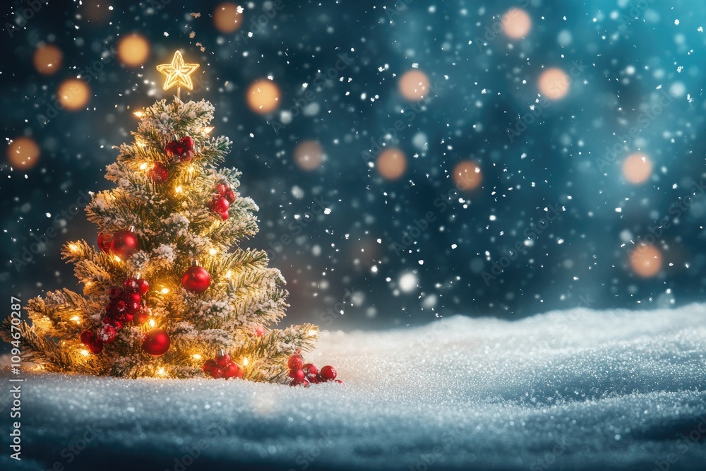 Obraz premium Christmas tree with red ornaments and string lights in snowy landscape