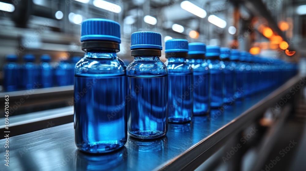 Blue Bottles on Conveyor Belt Blue Bottles on Conveyor Belt