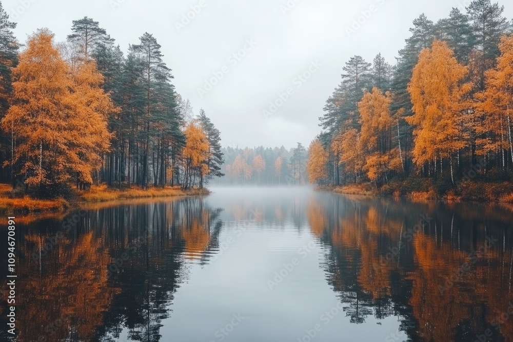 Fototapeta premium Fog covering serene lake with autumn trees reflecting in water