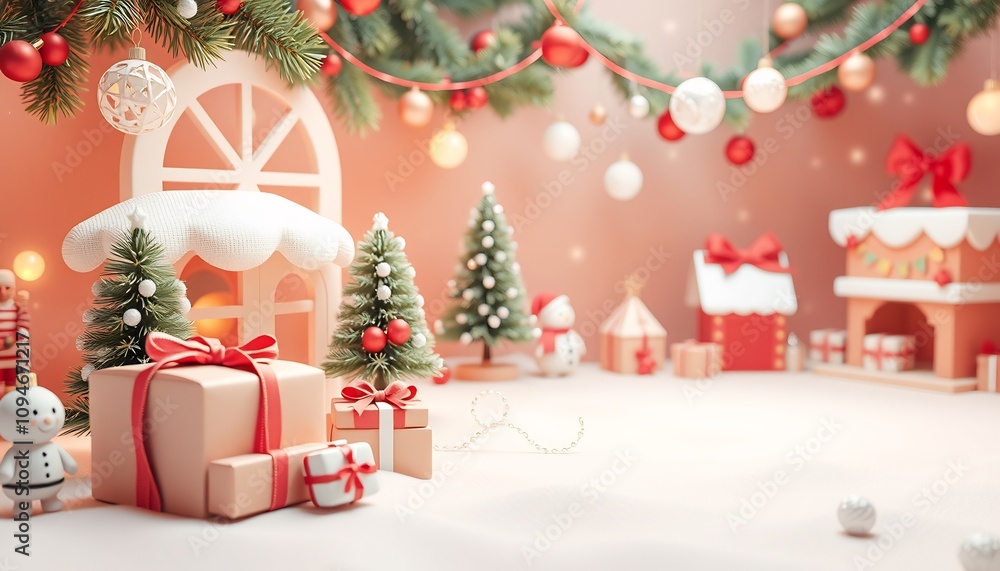 Festive Christmas scene with presents, a snowman, and a gingerbread house. Festive Christmas scene with presents, a snowman, and a gingerbread house.