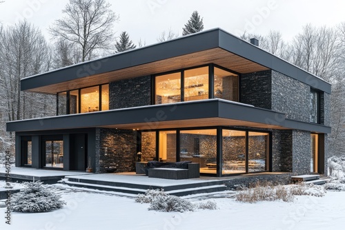 Modern house with snow covered garden during winter evening photo