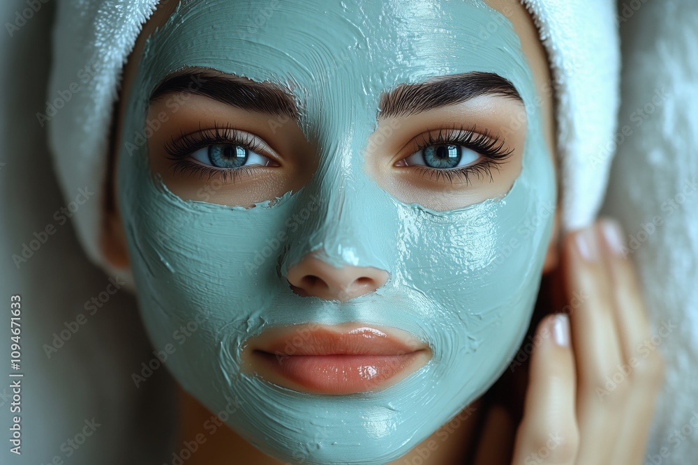 Beautiful woman enjoying a spa treatment with a close-up of her applying a blue cosmetic clay mask for healthy skin and relaxation Beautiful woman enjoying a spa treatment with a close-up of her applying a blue cosmetic clay mask for healthy skin and relaxation