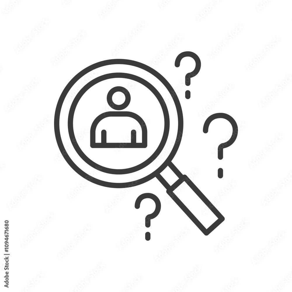 People search, icon in line design. People, search, magnifying, glass, profile, user on white background vector. People search editable stroke icon People search, icon in line design. People, search, magnifying, glass, profile, user on white background vector. People search editable stroke icon