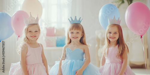 Three beautiful girls in princess dresses and crowns on a princess birthday party. photo