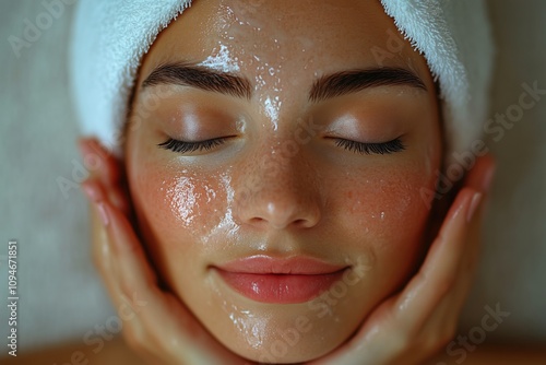 Woman with closed eyes enjoying a moisturizing gel mask application for healthy and radiant skin during a beauty treatment at a spa salon