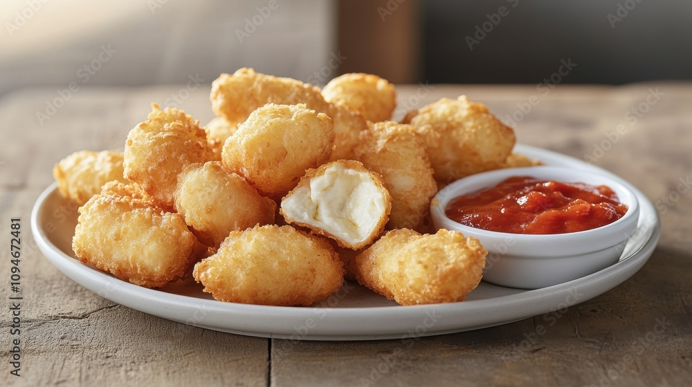 A generous plate of golden fried snacks sits on a rustic wooden table, accompanied by a small bowl of tangy dipping sauce. Perfect for sharing during gatherings. A generous plate of golden fried snacks sits on a rustic wooden table, accompanied by a small bowl of tangy dipping sauce. Perfect for sharing during gatherings.