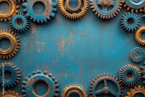 Rusty gears creating a frame on metallic background with copy space photo