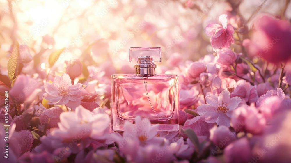 Glass Perfume Bottle in a Field of Pink Flowers Glass Perfume Bottle in a Field of Pink Flowers