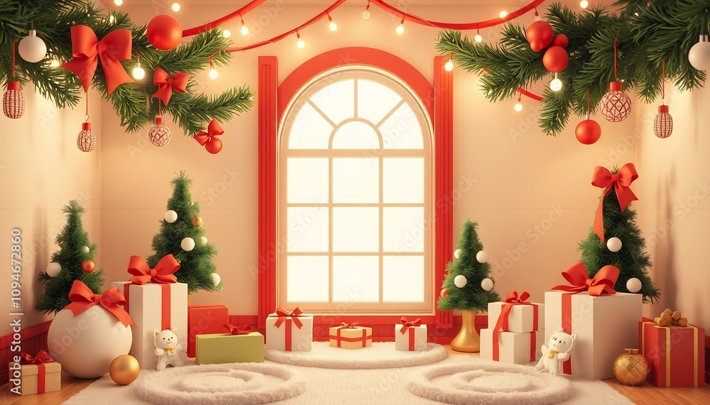 Festive Christmas room interior with presents, ornaments, and a window. Festive Christmas room interior with presents, ornaments, and a window.