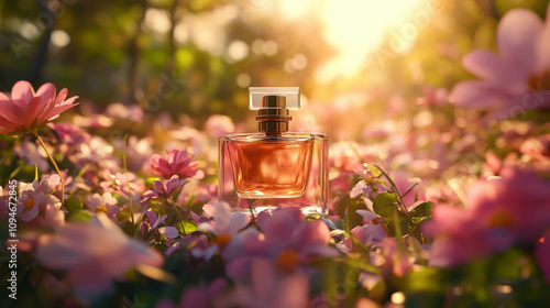 A glass perfume bottle rests among vibrant pink flowers in a sunlit field, evoking a sense of spring freshness. Dreamy and romantic atmosphere.