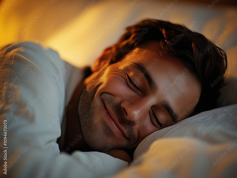 man smiling while sleeping peacefully in cozy bed