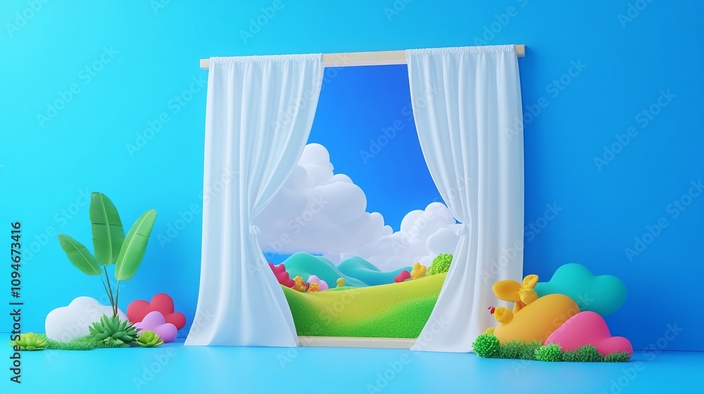 Open Window with Flowing Curtains Overlooking a Bright Landscape Open Window with Flowing Curtains Overlooking a Bright Landscape