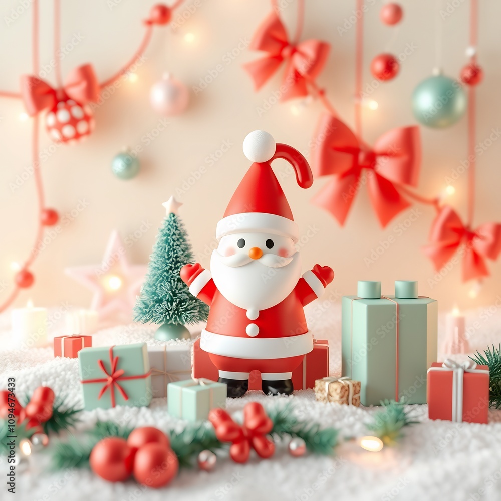 Festive Santa Claus figurine with presents, a small Christmas tree and glowing lights on a snowy background. Festive Santa Claus figurine with presents, a small Christmas tree and glowing lights on a snowy background.