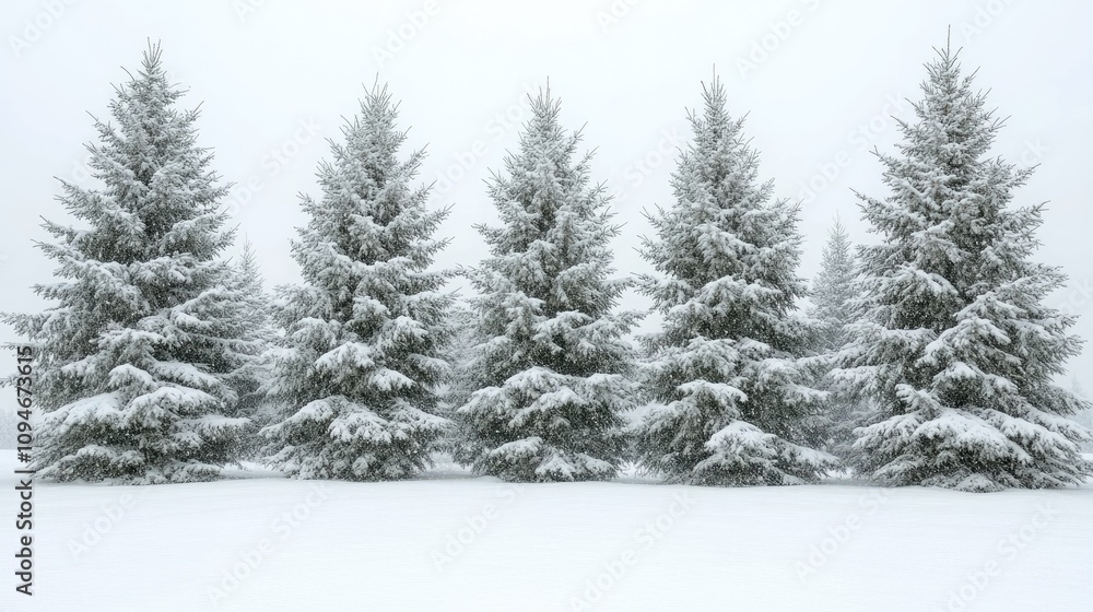 Fototapeta premium Snow falling on five evergreen trees in winter landscape