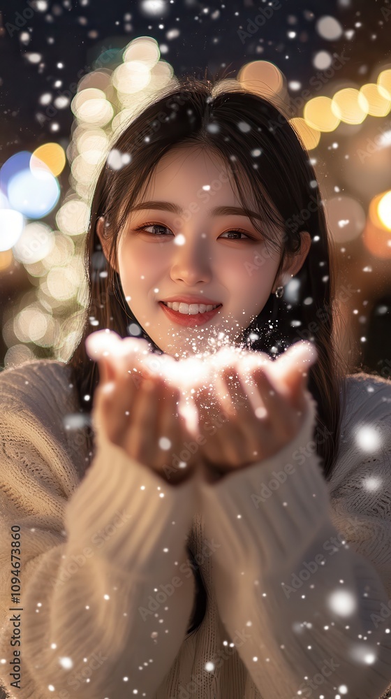 Young Woman Blowing Snow in winter park in the snow,Winter holidays concept,Young woman winter portrait,winter fairy tale,happy vacation,winter season,space for text. Young Woman Blowing Snow in winter park in the snow,Winter holidays concept,Young woman winter portrait,winter fairy tale,happy vacation,winter season,space for text.