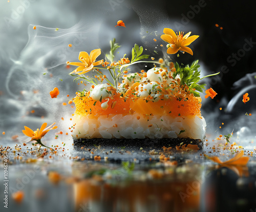 Delicious sushi with vibrant flowers and herbs, beautifully presented photo