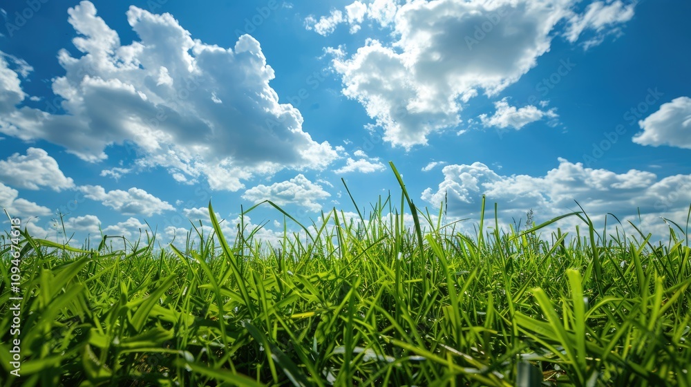 Obraz premium Lush green grass under blue sky. Perfect for nature, spring, or environmental themes; evokes freshness and serenity.