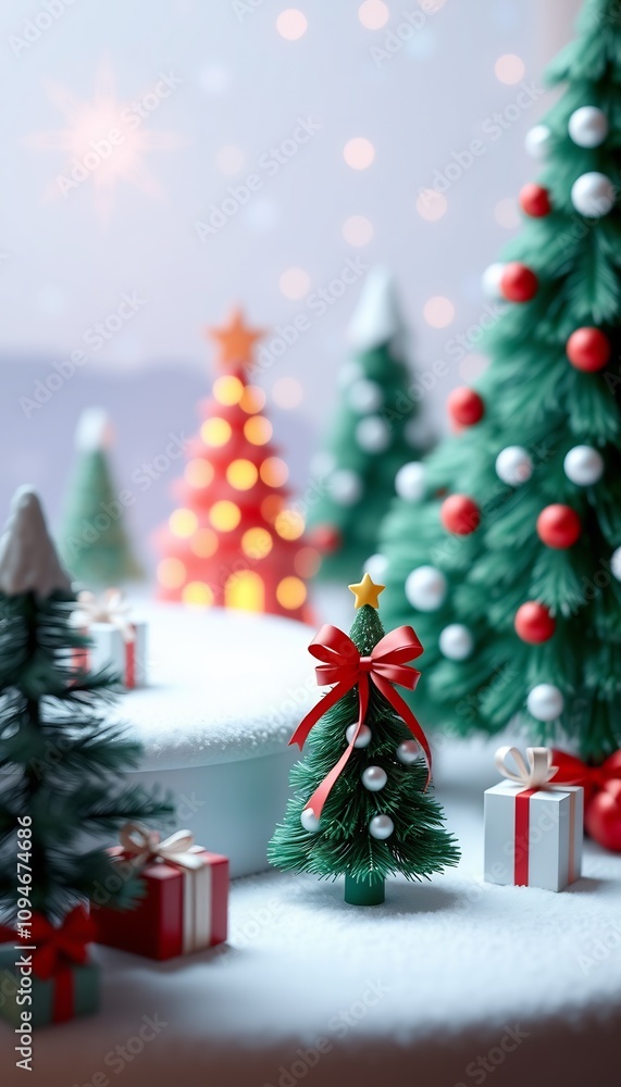 Small Christmas tree with a red bow on top, snow, and gift boxes. Small Christmas tree with a red bow on top, snow, and gift boxes.