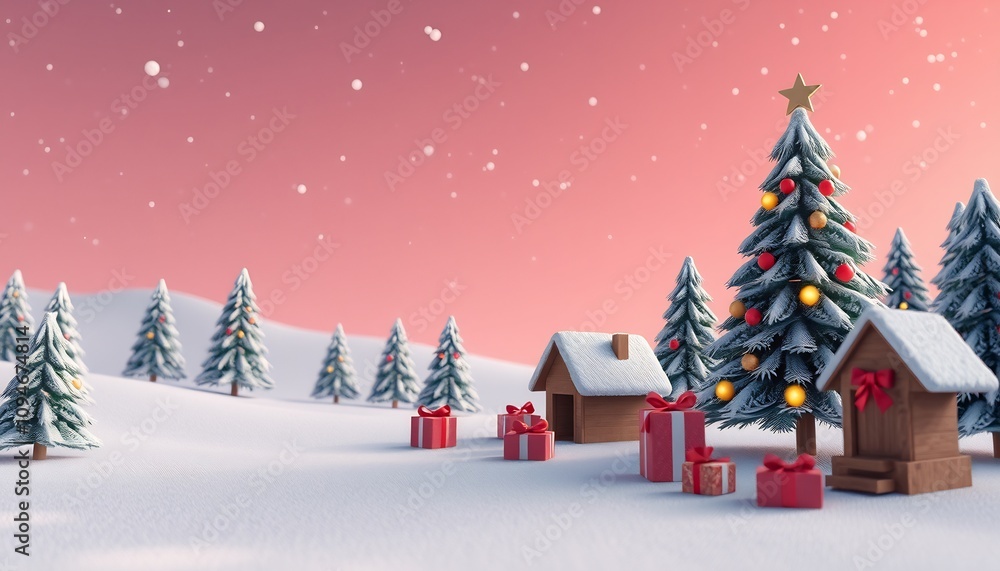 A snowy Christmas scene with a decorated pine tree, snow-covered houses, and presents. A snowy Christmas scene with a decorated pine tree, snow-covered houses, and presents.