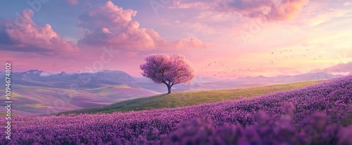 Un albero al centro di un campo infinito, circondato da vivaci fiori viola e nuvole rosa nel cielo. Lo sfondo è un paesaggio sereno, adatto come banner romantico