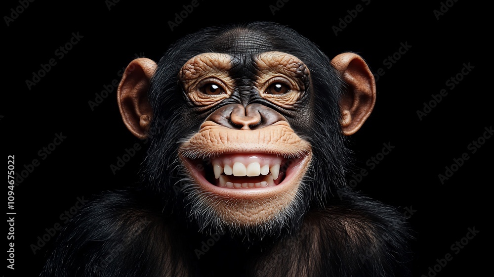 Close-up portrait of a smiling chimpanzee on a black background. Close-up portrait of a smiling chimpanzee on a black background.